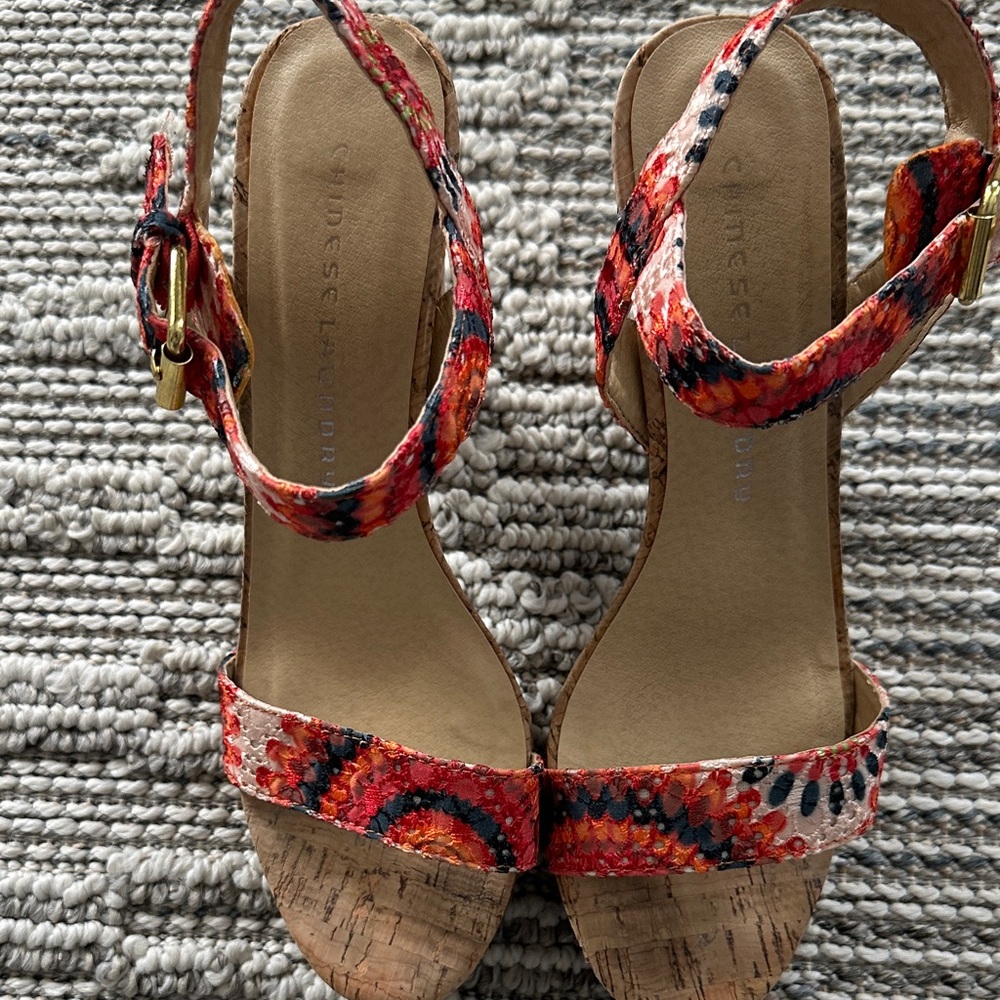 Chinese Laundry Red Patterned Cork Wedge Sandals